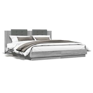 vidaXL Cadru de pat cu tăblie și lumini LED, gri sonoma, 180x200 cm imagine