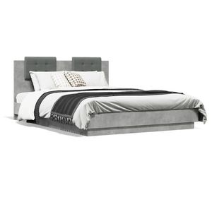 vidaXL Cadru de pat cu tăblie și lumini LED, gri beton, 150x200 cm imagine