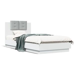 vidaXL Cadru de pat cu tăblie și lumini LED, alb, 90x200 cm imagine