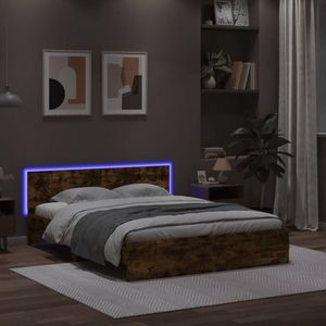 vidaXL Cadru de pat cu tăblie și LED, stejar fumuriu, 160x200 cm imagine