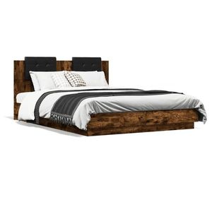 vidaXL Cadru de pat cu tăblie și lumini LED, stejar fumuriu, 150x200cm imagine