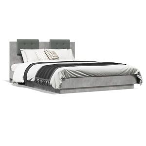 vidaXL Cadru de pat cu tăblie și lumini LED, gri beton, 140x200 cm imagine