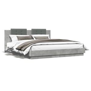vidaXL Cadru de pat cu tăblie și lumini LED, gri beton, 200x200 cm imagine