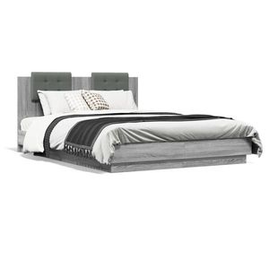 vidaXL Cadru de pat cu tăblie și lumini LED, gri sonoma, 120x200 cm imagine