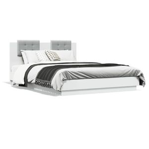 vidaXL Cadru de pat cu tăblie și lumini LED, alb, 150x200 cm imagine