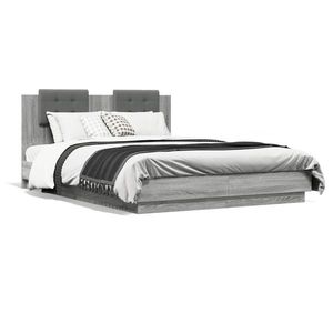 vidaXL Cadru de pat cu tăblie și lumini LED, gri sonoma, 150x200 cm imagine