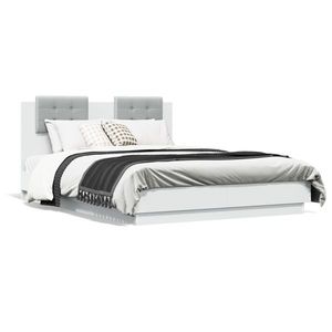vidaXL Cadru de pat cu tăblie și lumini LED, alb, 140x190 cm imagine