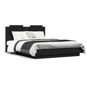 vidaXL Cadru de pat cu tăblie și lumini LED, negru, 135x190 cm imagine