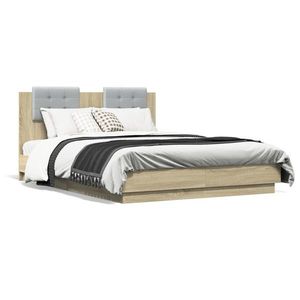 vidaXL Cadru de pat cu tăblie și lumini LED, stejar sonoma, 135x190 cm imagine