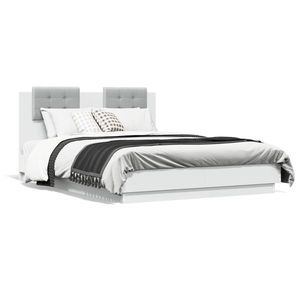 vidaXL Cadru de pat cu tăblie și lumini LED, alb, 135x190 cm imagine