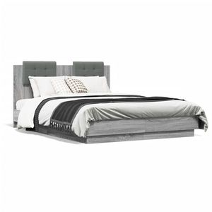 vidaXL Cadru de pat cu tăblie și lumini LED, gri sonoma, 140x190 cm imagine