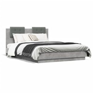 vidaXL Cadru de pat cu tăblie și lumini LED, gri beton, 135x190 cm imagine