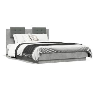 vidaXL Cadru de pat cu tăblie și lumini LED, gri beton, 140x190 cm imagine