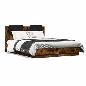 vidaXL Cadru de pat cu tăblie și lumini LED, stejar fumuriu, 140x190cm imagine
