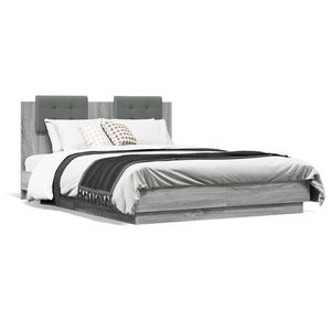 vidaXL Cadru de pat cu tăblie și lumini LED, gri sonoma, 135x190 cm imagine