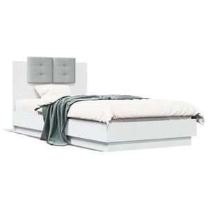 vidaXL Cadru de pat cu tăblie și lumini LED, alb, 90x190 cm imagine