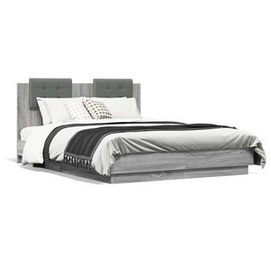 vidaXL Cadru de pat cu tăblie și lumini LED, gri sonoma, 120x190 cm imagine