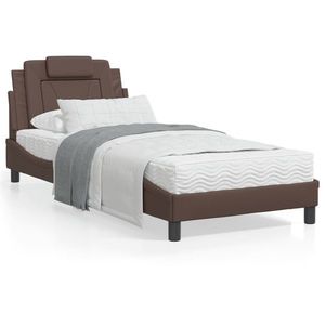vidaXL Cadru de pat cu lumini LED, maro, 90x200 cm, piele ecologică imagine