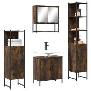 vidaXL Set mobilier de baie, 4 piese, stejar fumuriu, lemn prelucrat imagine