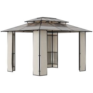 Outsunny Pavilion cu acoperis rigid din policarbonat 3.7 x 3 (m) Pergola din cadru metalic cu acoperis dublu pentru gradina, veranda, Maro imagine
