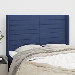 vidaXL Tăblie de pat cu aripioare, albastru, 147x16x118/128 cm, textil imagine