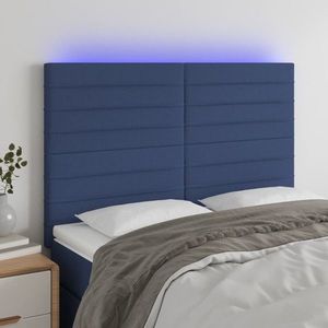 vidaXL Tăblie de pat cu LED, albastru, 144x5x118/128 cm, textil imagine