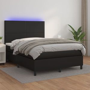 vidaXL Pat continental cu saltea & LED, negru, 140x190 cm, piele eco imagine