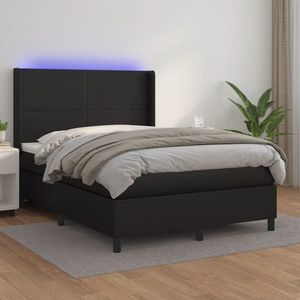 vidaXL Pat continental cu saltea & LED, negru, 140x190 cm, piele eco imagine