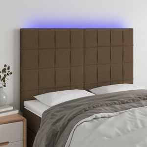 vidaXL Tăblie de pat cu LED, maro închis, 144x5x118/128 cm, textil imagine