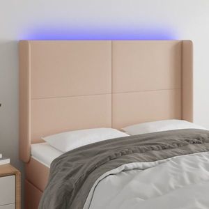 vidaXL Tăblie de pat cu LED, cappuccino, 147x16x118/128 cm, piele eco imagine