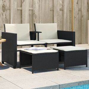 vidaXLCanapea de grădină cu 2 locuri cu masă și scaune negru poliratan imagine