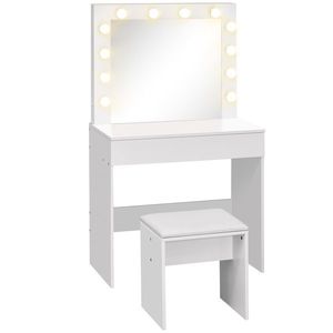 Masa de machiaj cu scaun tapitat oglinda cu12 lampi cu LED sertar mare vintage pentru dormitor din MDFalb HOMCOM | Aosom RO imagine