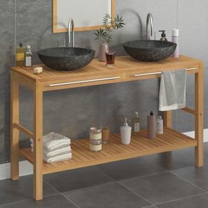 vidaXL Dulap de baie cu chiuvete din marmură, negru, lemn masiv tec imagine
