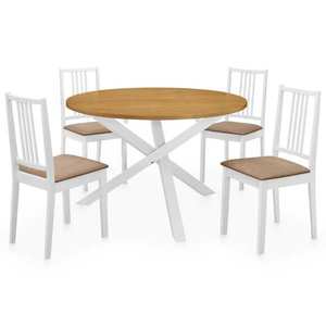 Set masă cu 4 scaune din lemn masiv, maro și alb imagine