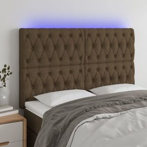 vidaXL Tăblie de pat cu LED, maro închis, 144x7x118/128 cm, textil imagine