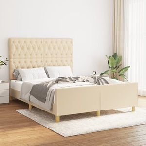 vidaXL Cadru de pat cu tăblie, crem, 140x190 cm, textil imagine