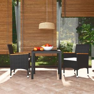 vidaXL Set de masă pentru grădină cu perne, 3 piese, negru, poliratan imagine