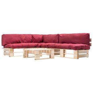 vidaXL Set mobilier de grădină paleți cu perne roșii, 4 piese, lemn imagine