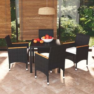 vidaXL Set de masă pentru grădină cu perne, 5 piese, negru, poliratan imagine