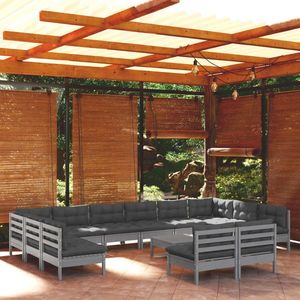 vidaXL Set mobilier de grădină cu perne, 13 piese, gri, lemn masiv pin imagine