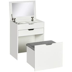 HOMCOM Masa de toaleta pentru dormitor cu oglinda si scaun asortat, masa de machiaj cu compartiment ascuns si sertar din lemn, alb | AOSOM RO imagine