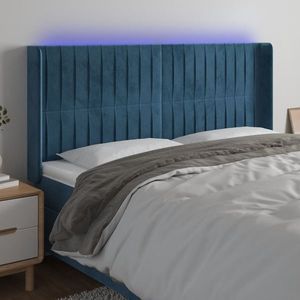 vidaXL Tăblie de pat cu LED, albastru închis, 163x16x118/128cm catifea imagine