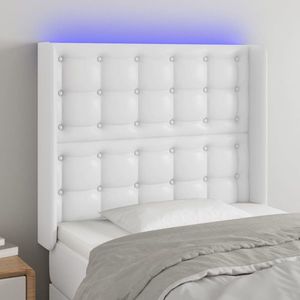 vidaXL Tăblie de pat cu LED, alb, 93x16x118/128 cm, piele ecologică imagine