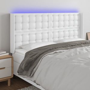 vidaXL Tăblie de pat cu LED, alb, 163x16x118/128 cm, piele ecologică imagine
