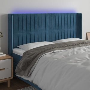 vidaXL Tăblie de pat cu LED, albastru închis, 203x16x118/128cm catifea imagine