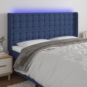 vidaXL Tăblie de pat cu LED, albastru, 163x16x118/128 cm, textil imagine
