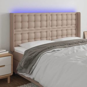 vidaXL Tăblie de pat cu LED, cappuccino, 147x16x118/128 cm, piele eco imagine