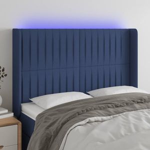 vidaXL Tăblie de pat cu LED, albastru, 147x16x118/128 cm, textil imagine