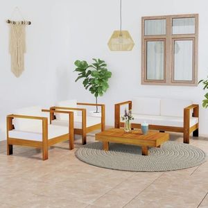 vidaXL Set mobilier grădină perne alb/crem, 4 piese, lemn de acacia imagine