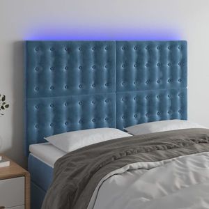 vidaXL Tăblie de pat cu LED, albastru închis, 144x5x118/128cm, catifea imagine